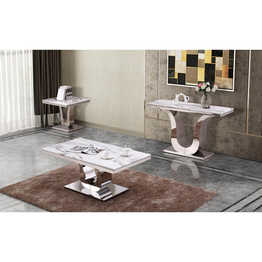 White Marble and Silver Stainless Steel 3-Piece Coffee Table Set