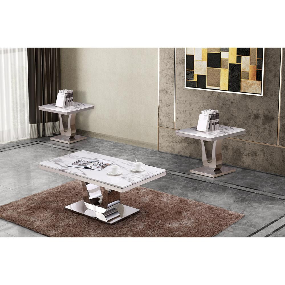 White Marble and Silver Stainless Steel 3pc Coffee Table Set