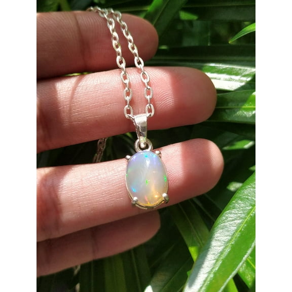 Genuine White Opal Pendant Necklace -Beautiful Opal Jewelry - 925 Sterling Silver Pendant- Flashy Ethiopian Opal Party Wear Pendant Gift