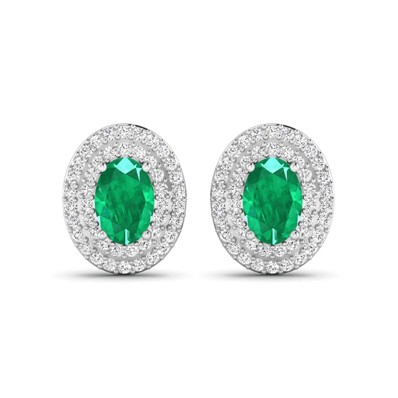 14K White Gold Emerald Stud Earrings for Women, Oval Shaped with Diamonds, Semi-Mount Jewelry Gift