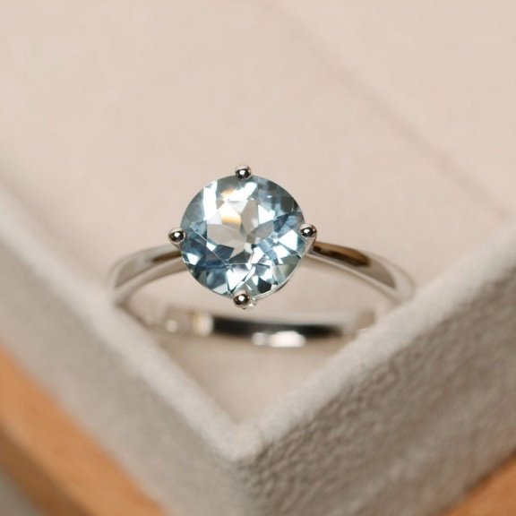 Genuine aquamarine ring, solitaire ring, round cut, sterling silver