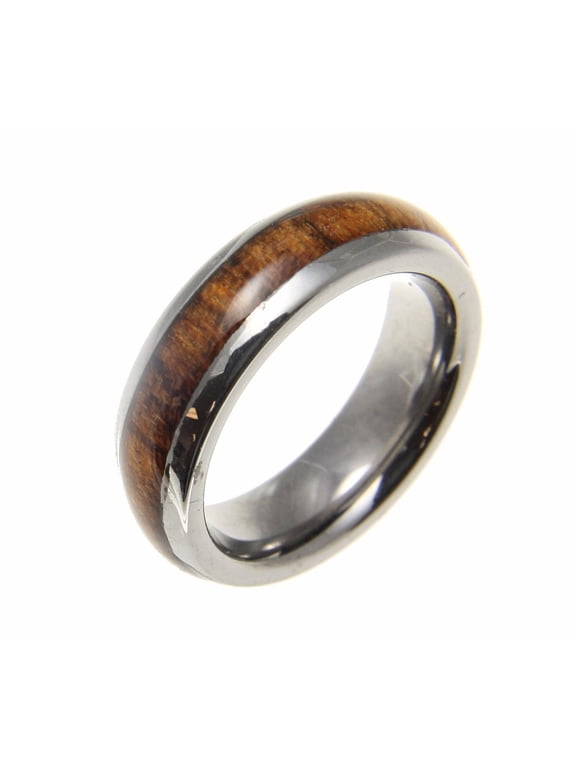 Genuine inlay Hawaiian koa wood band ring tungsten comfort fit dome style 6mm size 5 to 13