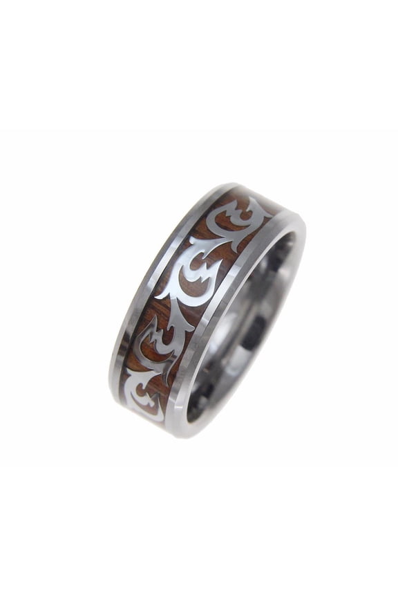 Genuine inlay Hawaiian koa wood shiny scroll band ring tungsten comfort fit 8mm size 14