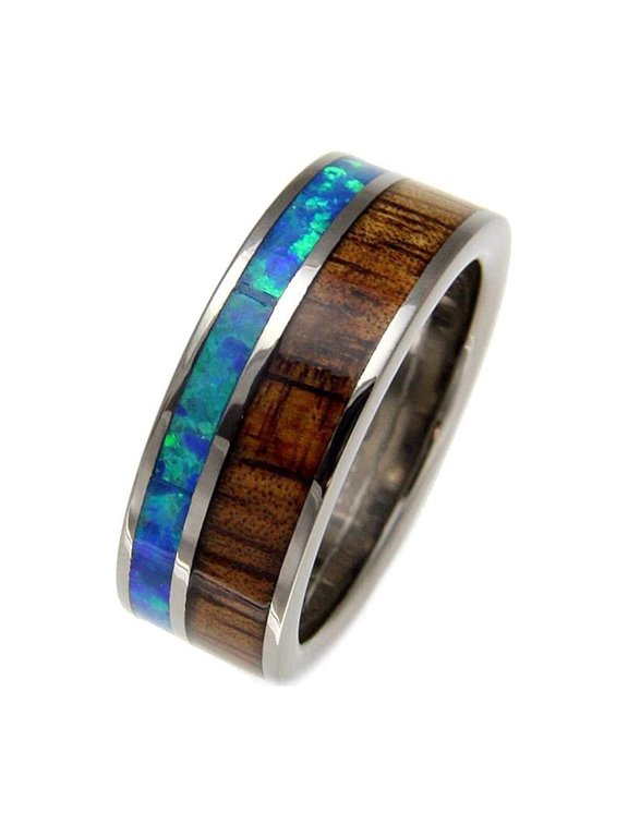Genuine inlay Hawaiian koa wood synthetic opal wedding band ring titanium 8mm size 12