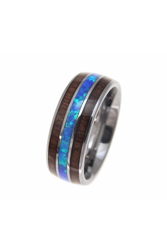 Genuine inlay Hawaiian koa wood synthetic opal wedding band ring tungsten comfort fit 8mm size 5 to 14