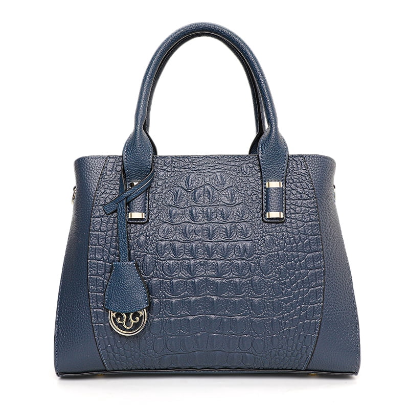 Genuine leather crocodile-patterned handbag detachable shoulder strap cross-body shoulder bag large capacity women's purse (blue)