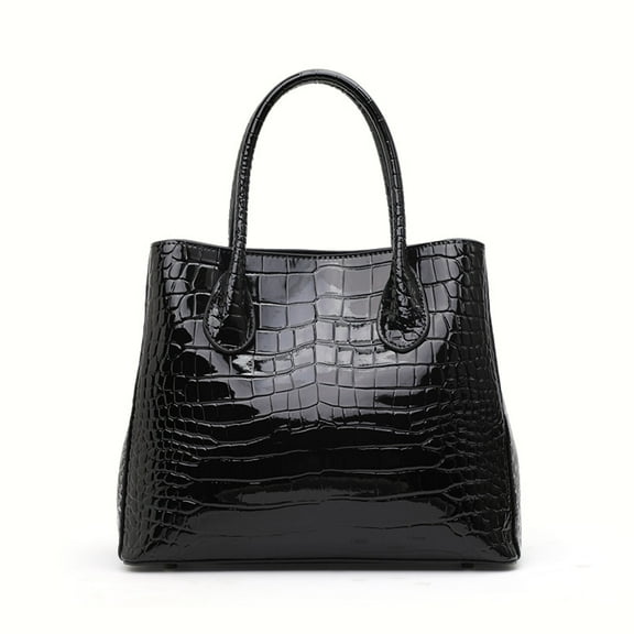 Genuine leather crocodile-patterned handbag with detachable shoulder strap, shiny on the surface, large capacity, high-end shopping bag/storage bag/purse
