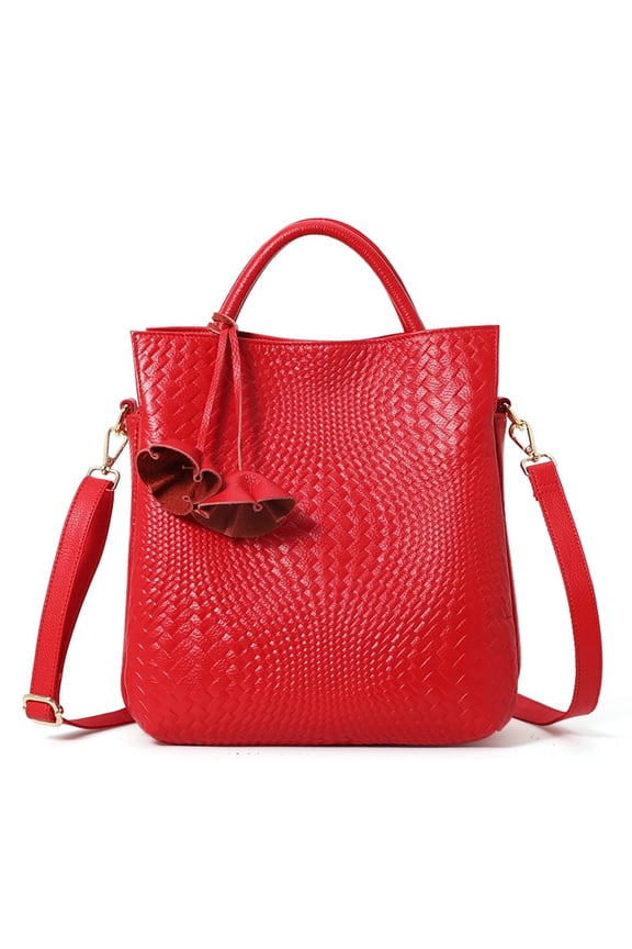 Genuine leather, large capacity, handbag with woven flower design on the armhole, detachable shoulder strap, wallet, storage bag