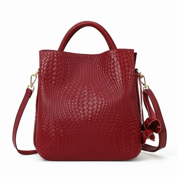 Genuine leather, large capacity, handbag with woven flower design on the armhole, detachable shoulder strap, wallet, storage bag