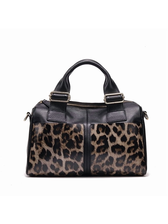 Genuine leather leopard print handbag wallet for women, shiny surface, large capacity, detachable shoulder strap, storage bag