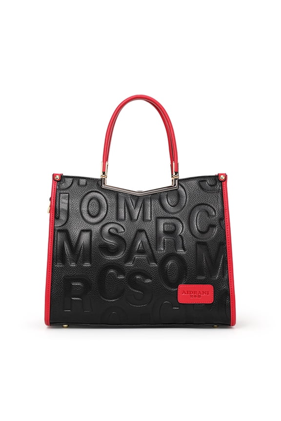 Genuine leather, letter-patterned tote handbag with cross-body strap, large capacity storage bag, wallet, purse