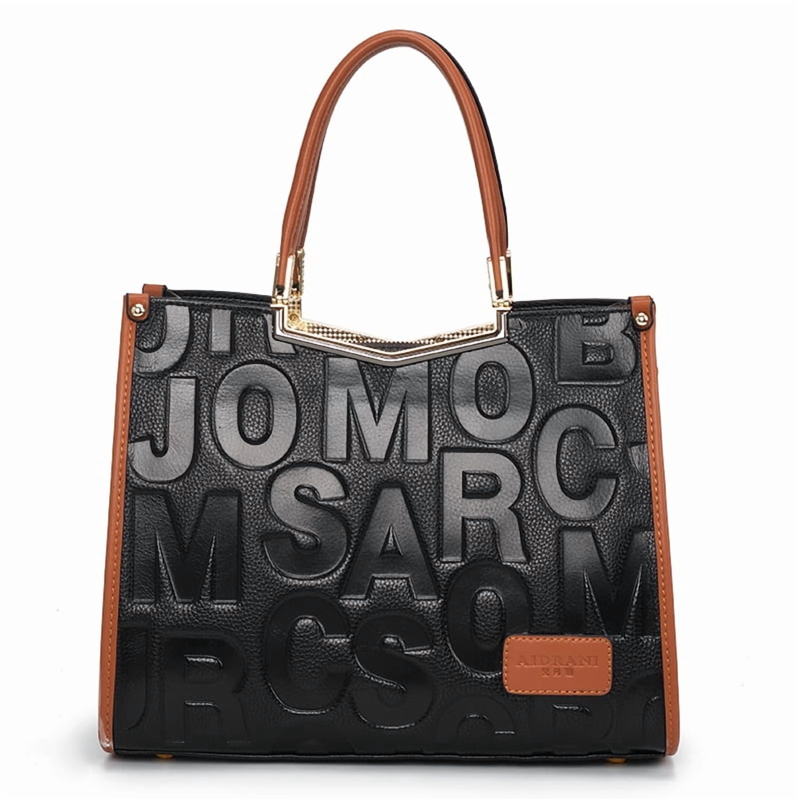 Genuine leather, letter-patterned tote handbag with cross-body strap, large capacity storage bag, wallet, purse