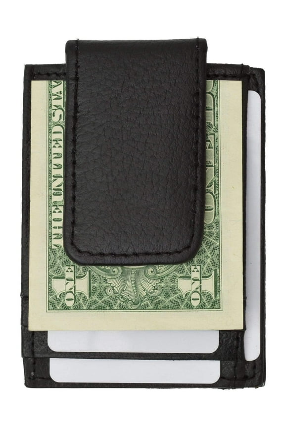 Genuine leather magnetic money clip with credit card and ID holder