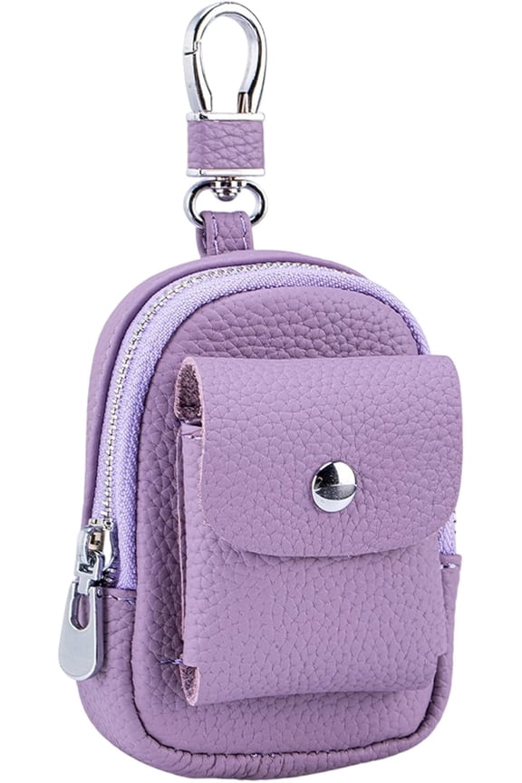 Genuine leather mini backpack keychain, cute travel coin purse/makeup bag, with clip, PU leather zippered storage bag.