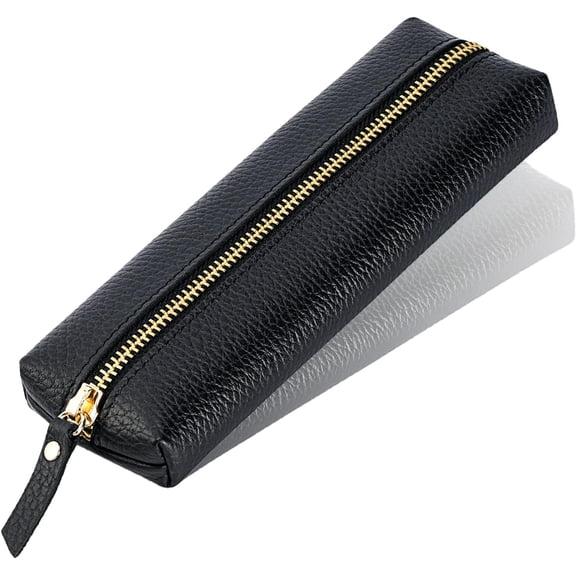 Genuine leather pen case, Cowhide pencil pouch with zipper, Soft black pen bag for adults.
