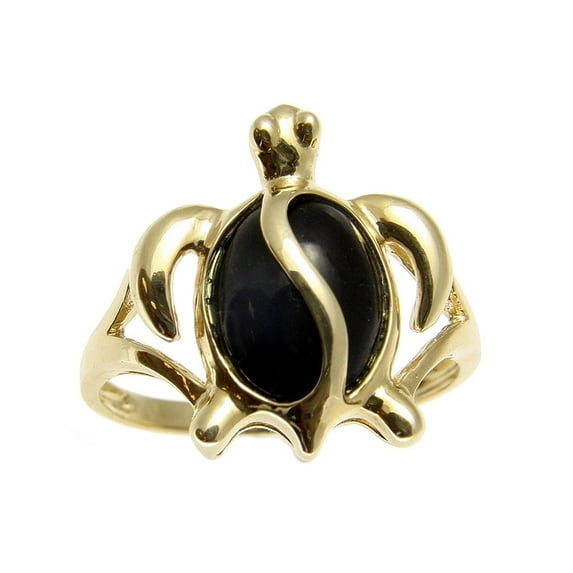 Genuine natural black coral ring Hawaiian honu turtle solid 14k yellow gold size 11.5