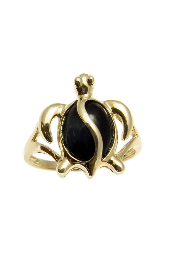 Genuine natural black coral ring Hawaiian honu turtle solid 14k yellow gold size 6