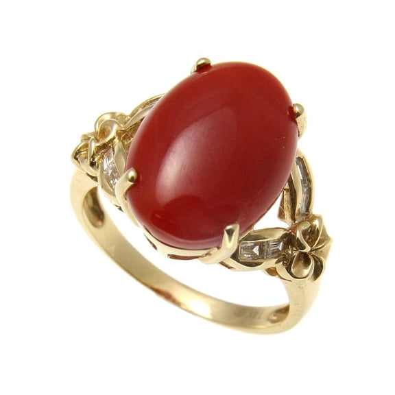 Genuine natural cabochon red coral 0.38 ct taper diamond ring Hawaiian plumeria 14k yellow gold size 11