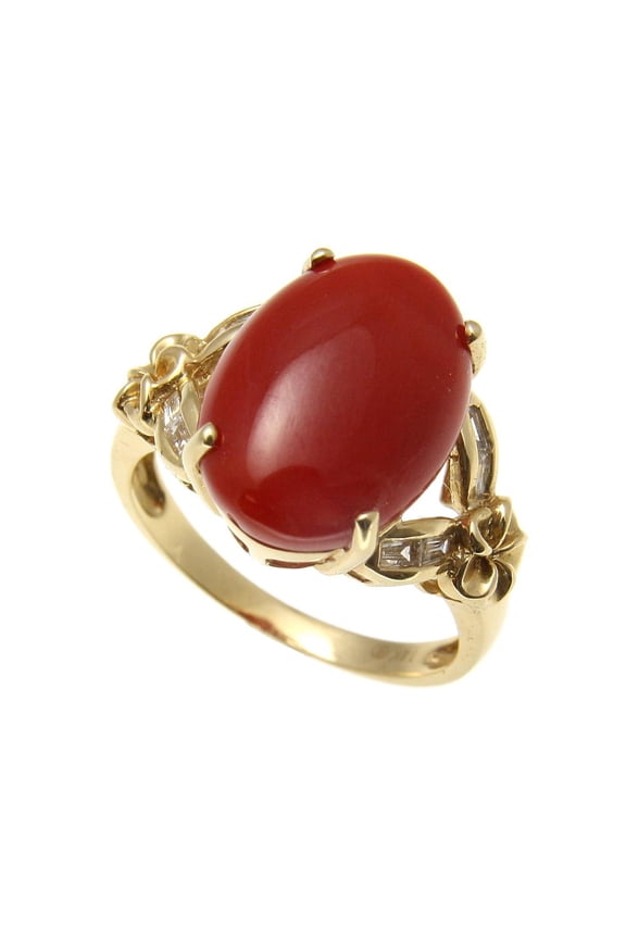 Genuine natural cabochon red coral 0.38 ct taper diamond ring Hawaiian plumeria 14k yellow gold