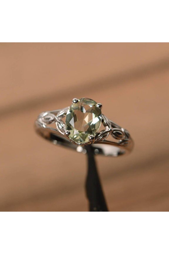Genuine natural green amethyst ring engagement ring oval cut solid sterling silver ring green gemstone ring