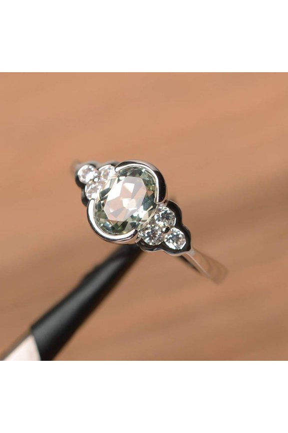 Genuine natural green amethyst ring engagement ring oval cut solid sterling silver ring green gemstone ring