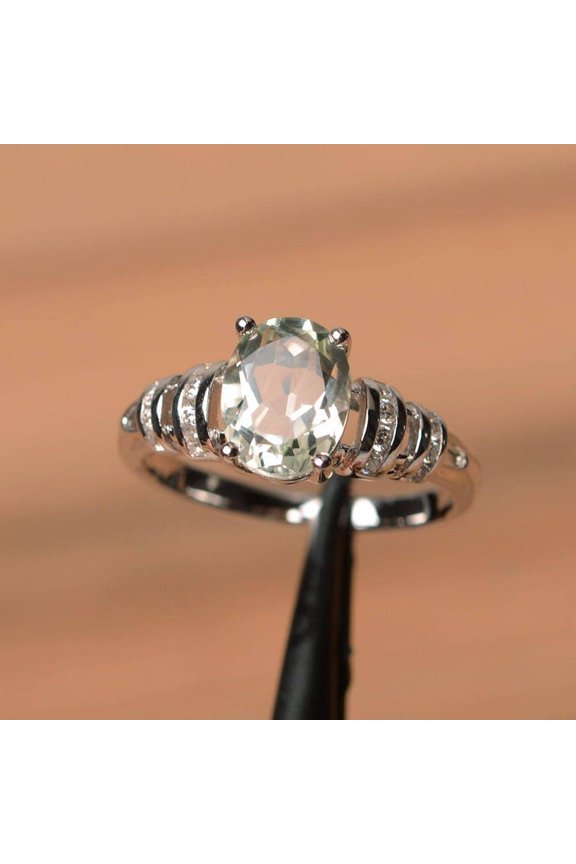 Genuine natural green amethyst ring engagement ring oval cut solid sterling silver ring green gemstone ring