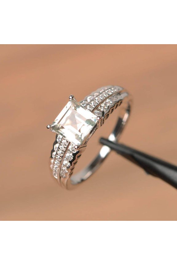 Genuine natural green amethyst ring engagement ring oval cut solid sterling silver ring green gemstone ring