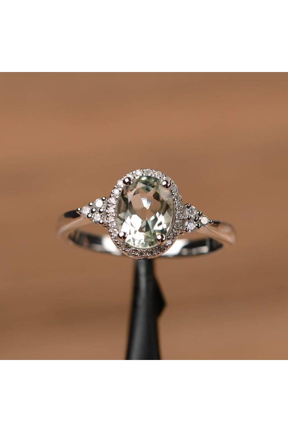 Genuine natural green amethyst ring engagement ring oval cut solid sterling silver ring green gemstone ring