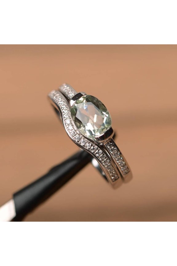 Genuine natural green amethyst ring engagement ring oval cut solid sterling silver ring green gemstone ring