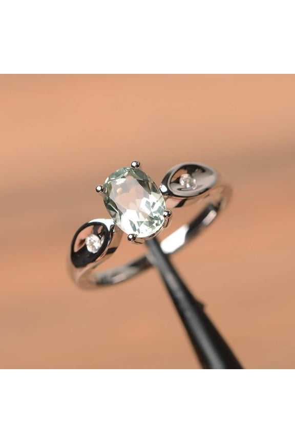 Genuine natural green amethyst ring engagement ring oval cut solid sterling silver ring green gemstone ring
