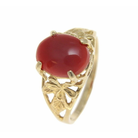 Genuine natural oval cabochon red coral ring Hawaiian plumeria 14k yellow gold size 12