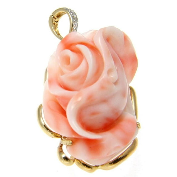 Genuine natural pink coral carved flower diamond pendant enhancer solid 14k gold