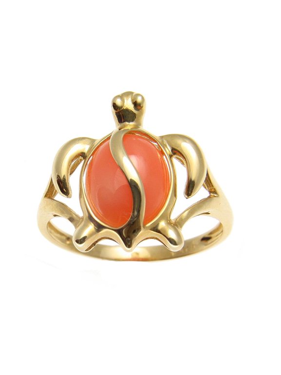 Genuine natural pink coral ring Hawaiian honu turtle solid 14k yellow gold size 7