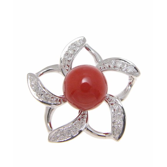 Genuine natural red coral ball diamond open plumeria pendant 14k white gold