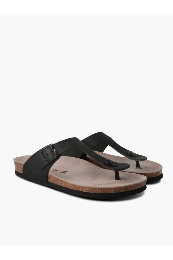 Rosas Oiled Leather Sandals Unisex Toe Post Cork Footbed Slides, Adjustable Buckle Arch Support Comfort Sandal Lightweight EVA Sole Slip On Summer Travel Black, 15 US Womens/13 US Mens