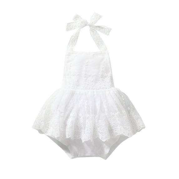 Genuiskids 0-18M Summer Infant Baby Girl Romper Dress Solid Color Lace Mesh Halter Open Back Bodysuit Tutu Skirt One Piece Clothes Flowers Printed Jumpsuits
