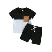 Genuiskids 2Pcs Toddler Boy Summer Outfits 3T 4T 5T Kids Clothes Set Short Sleeve Contrast Color T-Shirt Tops + Pocket Shorts Set 3-5T