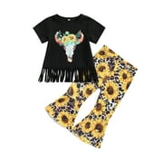 Genuiskids 2Pcs Toddler Girl Summer Clothes Set 18M 2T 3T 4T 5T 6T Kids Girl Outfits Bull Head Print Short Sleeve Tassel T-Shirt Tops Sunflower Flare Pants Western Cowgirl Bell Bottoms Set