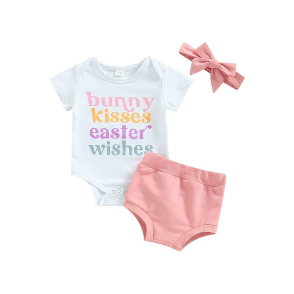 Genuiskids 3Pcs Baby Girls Easter Clothes 3 6 12 18 24 Months Infant Summer Outfits Set Letter Print Short Sleeve Romper T-shirt Tops Bobbles Elastic Waist Shorts Bow Headband 3Pcs Suit