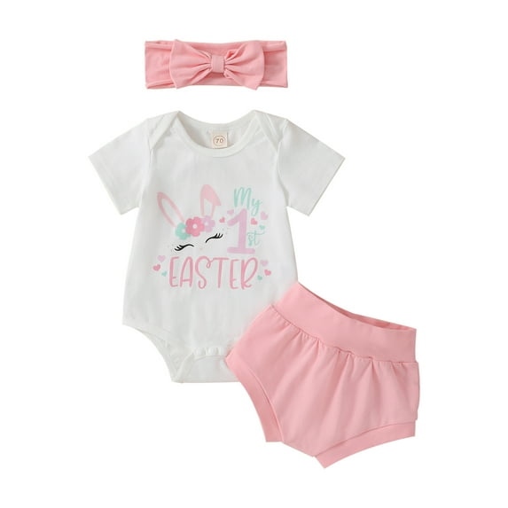 Genuiskids 3Pcs Newborn Baby Girls Easter Clothes 3 6 12 18 Months Infant Summer Outfits Short Sleeve Letters Bunny Print Romper T-shirt Elastic Waist Shorts Hairband Set