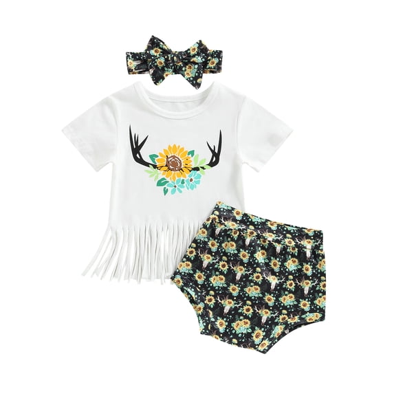 Genuiskids 3Pcs Western Baby Girls Clothes 6 12 18 24 Months Infant Summer Outfits Short Sleeve Floral Tassels T-shirt Tops Shorts Pants Headband Casual Newborn Outfits