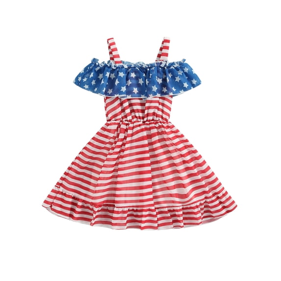 Genuiskids 4th of July Toddler Kids Girls Independence Day Dress Stars Stripe Print Ruffles Sling Dress Summer Sleeveless Princess Dress