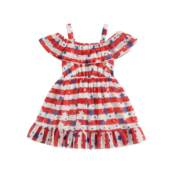 Genuiskids 4th of July Toddler Kids Girls Independence Day Dress Stars Stripe Print Ruffles Sling Dress Summer Sleeveless Princess Dress