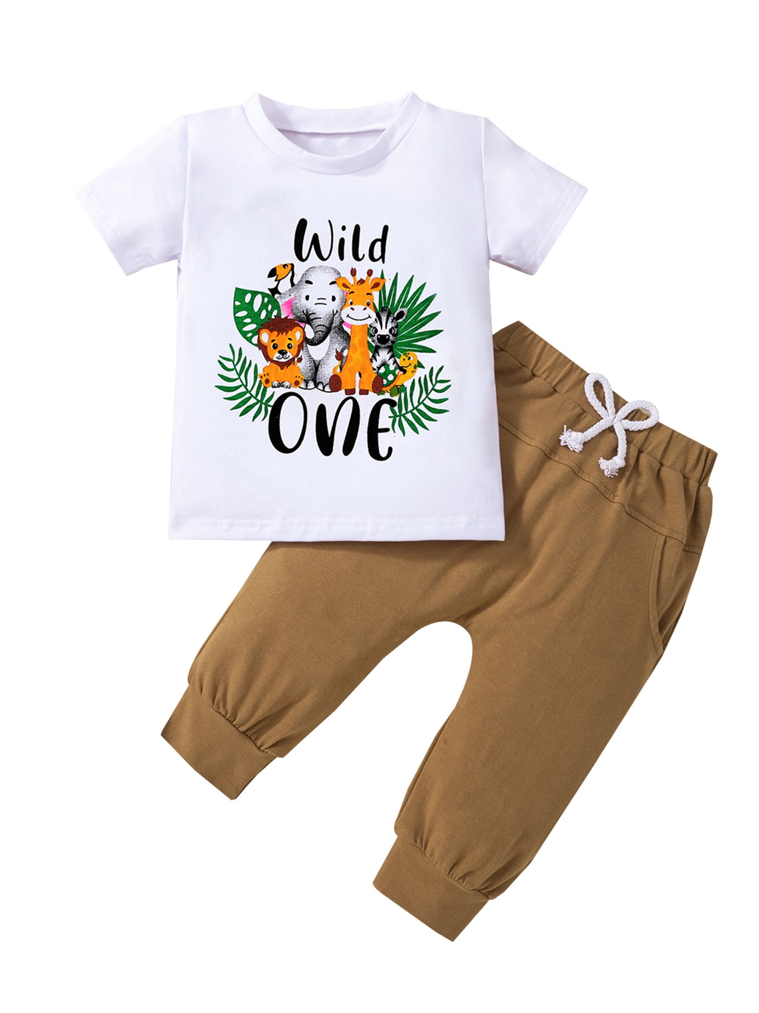 Genuiskids Baby Boy Wild One First Birthday Outfit 6 12 18 Months Infant Short Sleeve Animal T shirt and Pants Set Cake Smash Clothes 6 18 Months