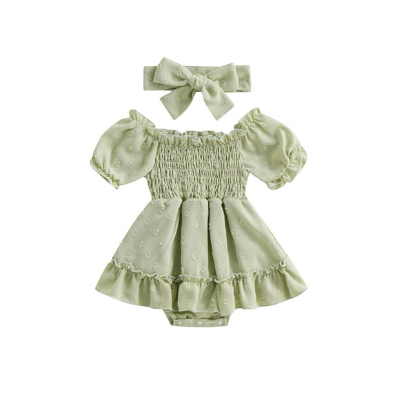 Genuiskids Baby Girl Romper Dress Short Sleeve Bubble Romper Smocked Princess Dress Headband Infant Boho Summer Clothes