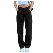 Genuiskids Denim Pants for Women High Waist E-Girl Vintage Straight Wide Leg Baggy Fashion Cargo Jeans Trousers Streetwear for Teen Girl
