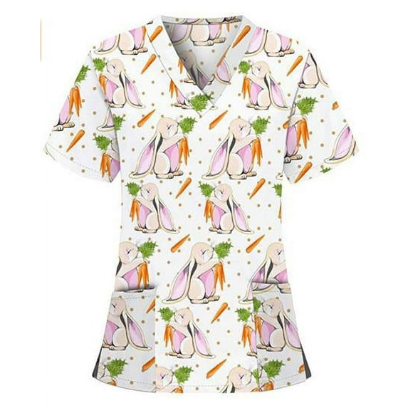 Genuiskids Easter Womens Scrubs Tops T-Shirt Easter Eggs Bunny Print V Neck Short Sleeve Medical Scrub Shirts Working Uniform Wear with Pockets Red