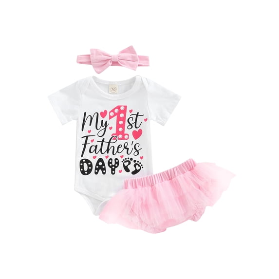 Genuiskids Fathers Day Outfit Baby Girl Newborn Infant My 1st Father's Day Romper Bodysuit Ruffle Shorts Headband Set 0-18M