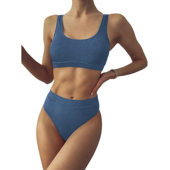Genuiskids High Waisted Bikini Set for Women Athletic Two Piece Summer Beach Swimwear Sporty Scoop Neck Ribbed Bathing Suit for Teen Girls Juniors