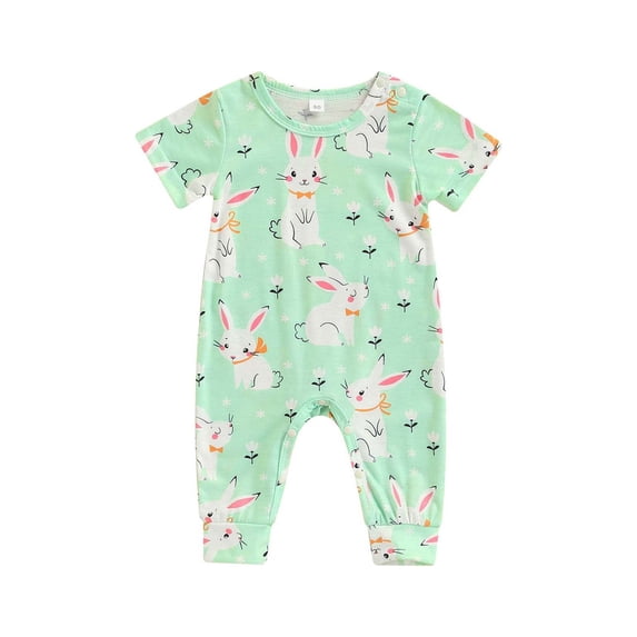 Genuiskids Infant Baby Boys Girls Easter Outfit Bunny Print Jumpsuit Short Sleeve Romper One Piece Pajamas Cartoon Rabbit Clothes